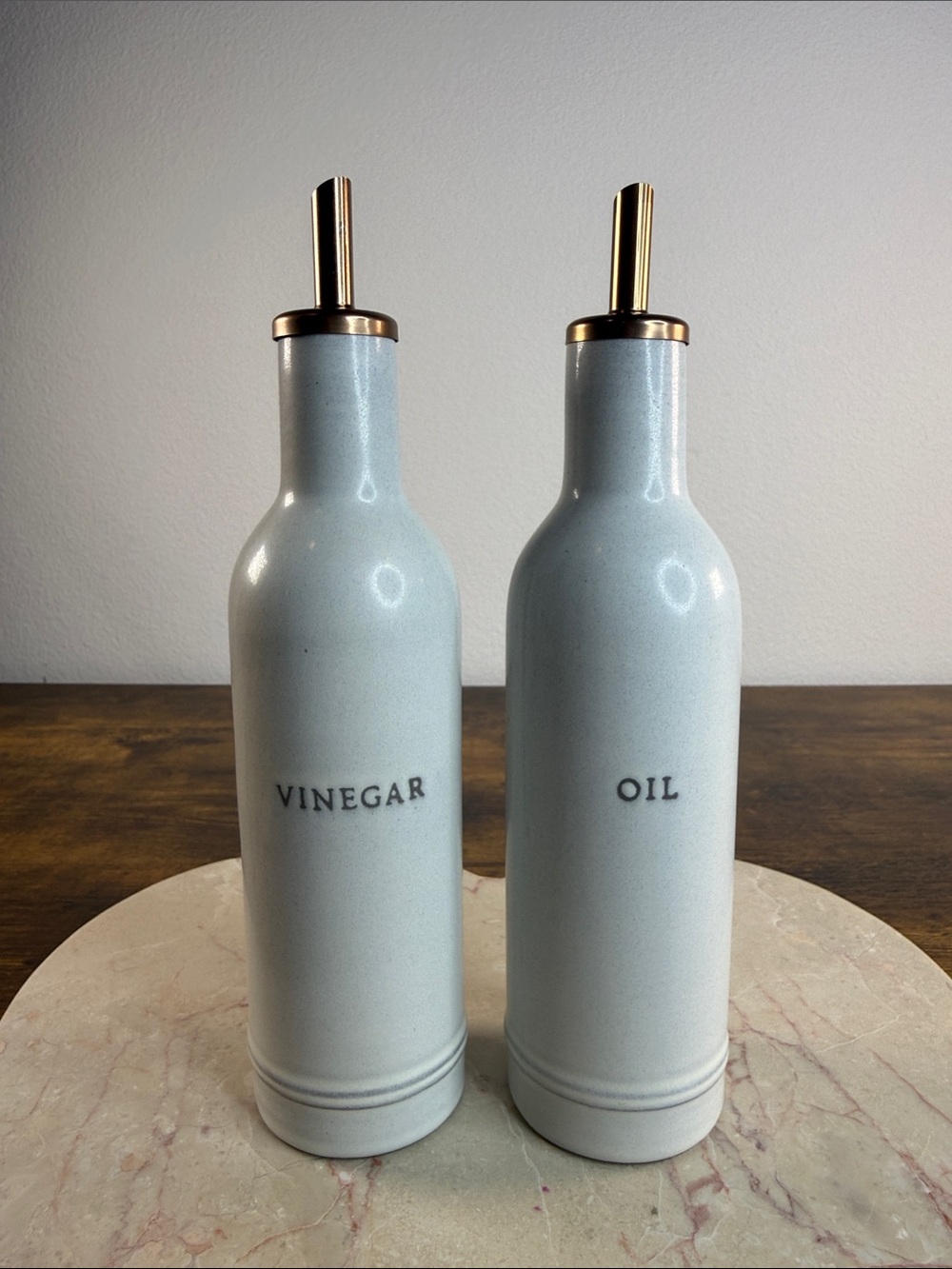 Ceramic Oil & Vinegar Bottles with Gold Spouts - Light Blue